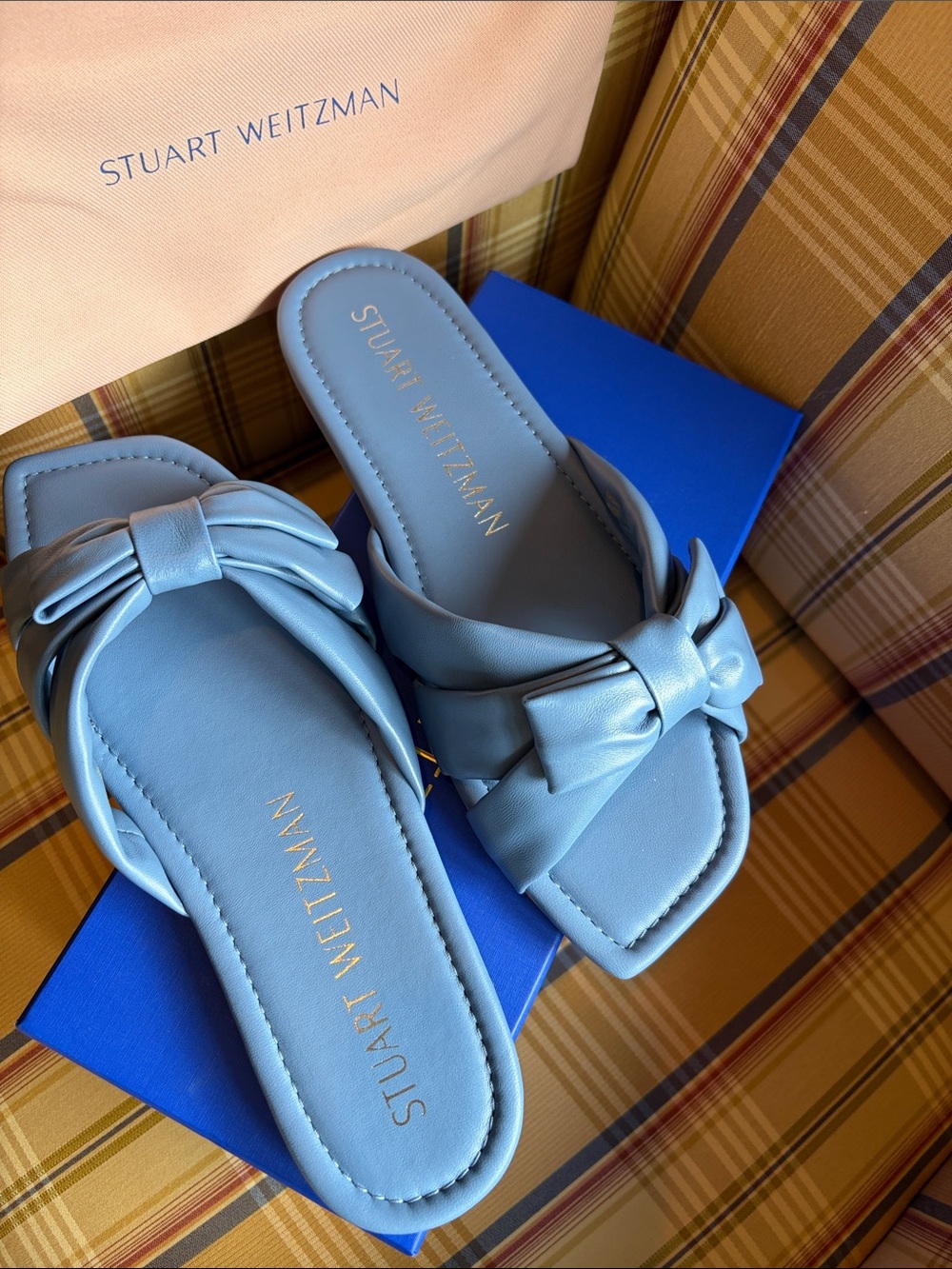 Stuart Weitzman Sky Blue Bow Slide Mules - Picture 3 of 3